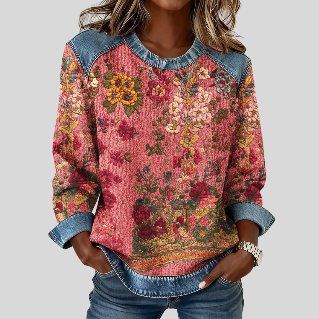 Orabelle™ | Floral-Patterned Sweatshirt with Denim Trim