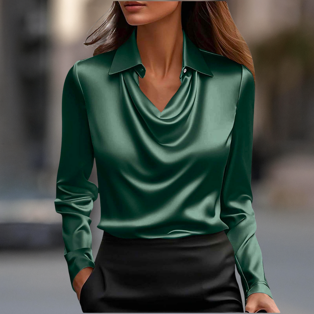 Milan Chic Silky Satin Draped Neck Blouse