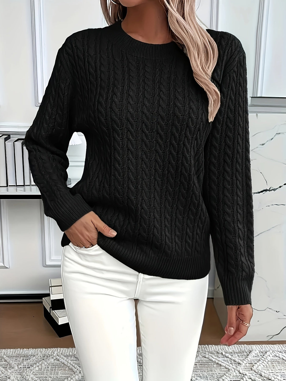 Knitted Sweater - Detail of Textured Knit & Long Sleeve Design