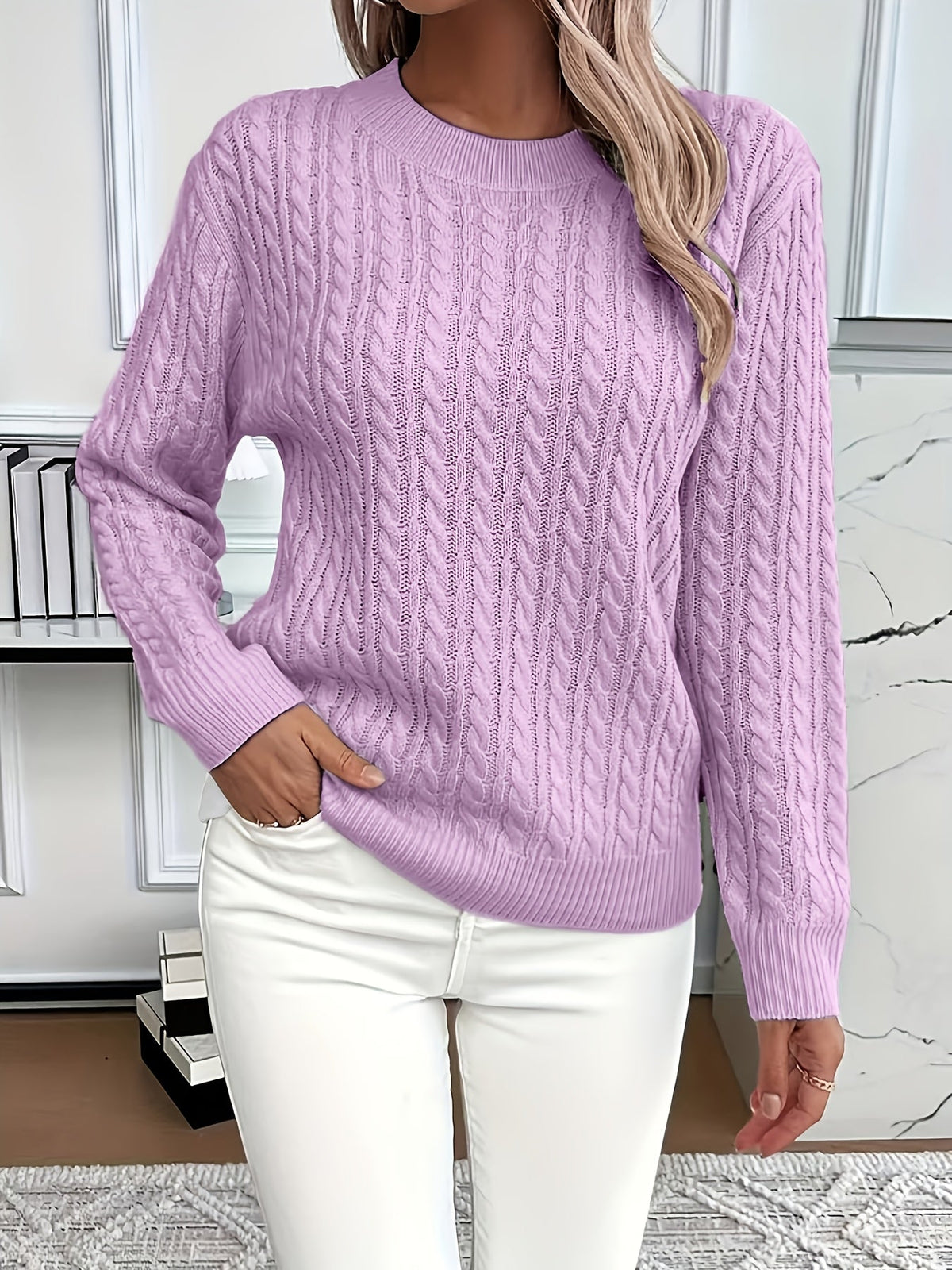 Knitted Sweater - Detail of Textured Knit & Long Sleeve Design