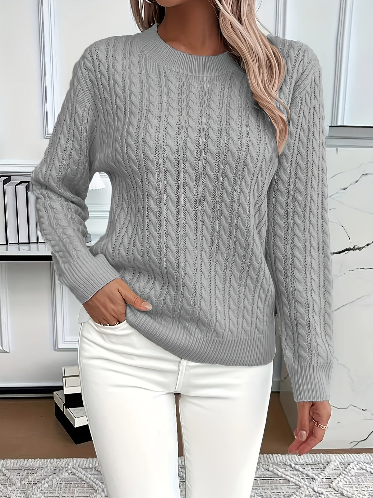 Knitted Sweater - Detail of Textured Knit & Long Sleeve Design