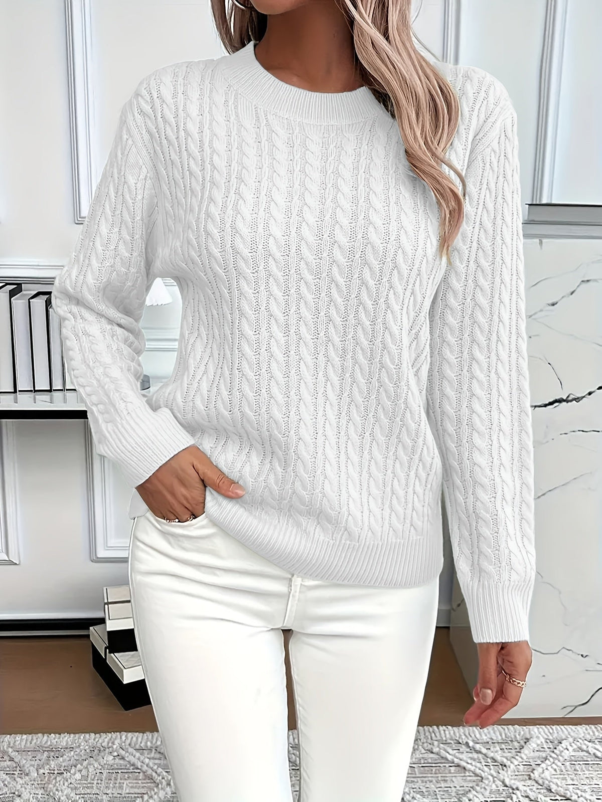 Knitted Sweater - Detail of Textured Knit & Long Sleeve Design