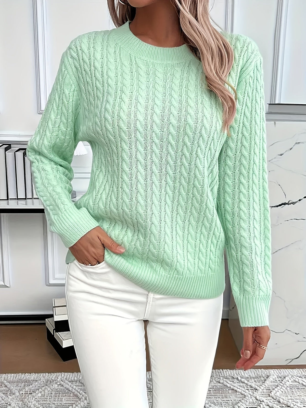 Knitted Sweater - Detail of Textured Knit & Long Sleeve Design