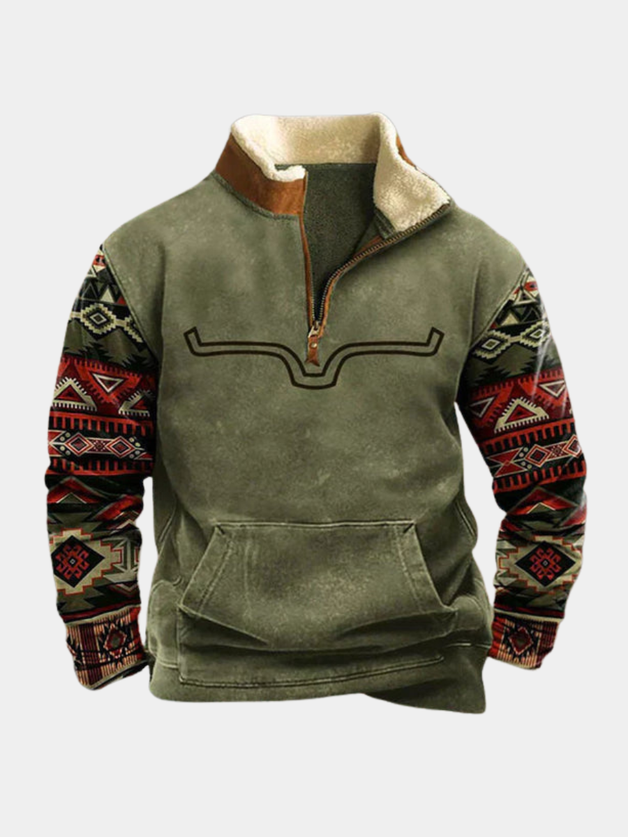 Gevoerde Heren Sweater met Aztec Motief en Halfrits Mouwen