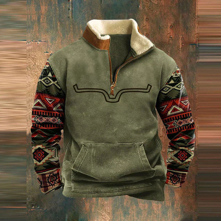 Heren Gevoerde Sweater met Aztec Motief Mouwen en Halfrits