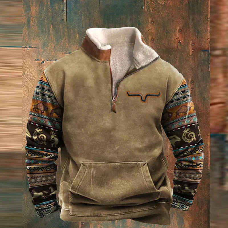 Heren Gevoerde Sweater met Aztec Motief Mouwen en Halfrits