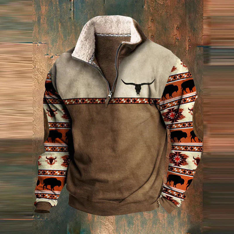 Heren Gevoerde Sweater met Aztec Motief Mouwen en Halfrits