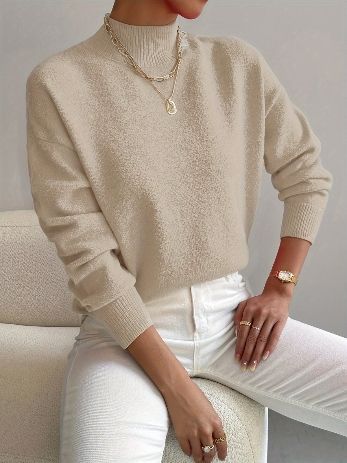 Women's Soft Brushed Knit Sweater, Mock Neck Relaxed Winter Pullover