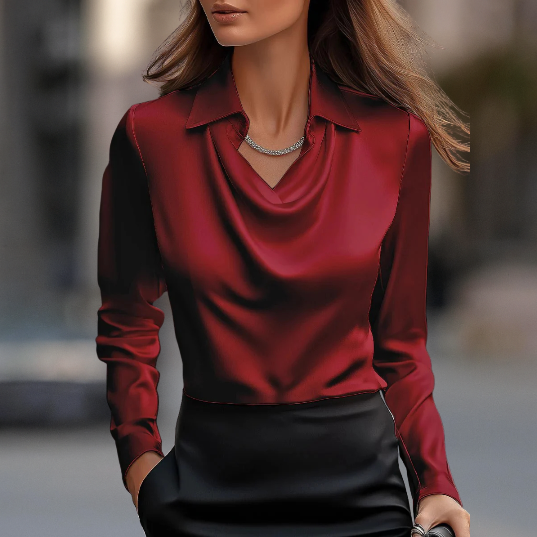 Milan Chic Silky Satin Draped Neck Blouse