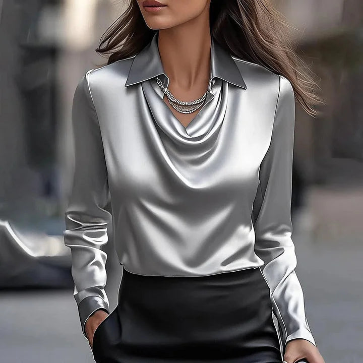 Milan Chic Silky Satin Draped Neck Blouse