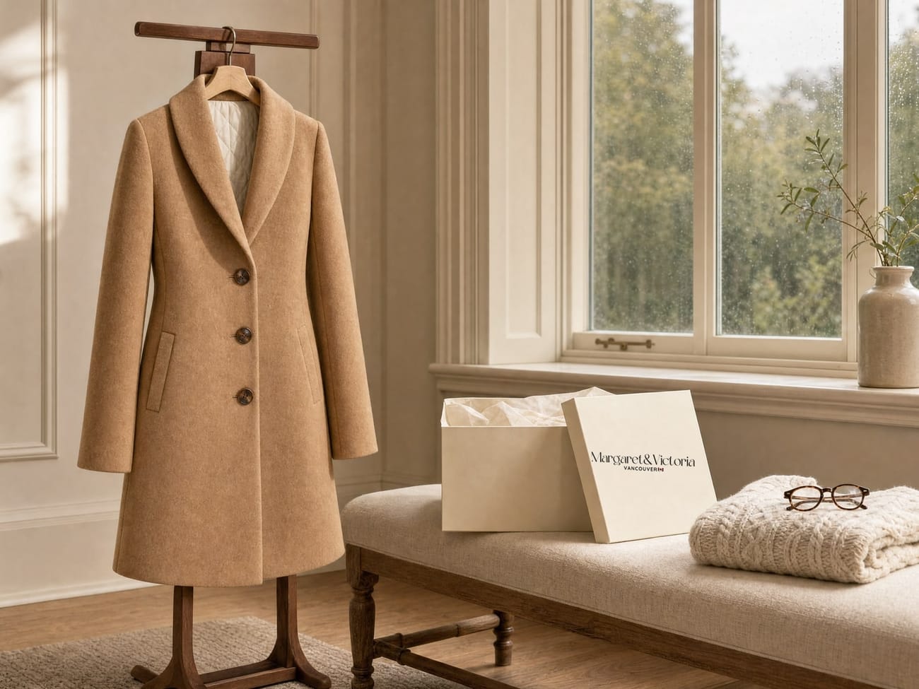 A Margaret Victoria coat on a valet stand beside an open gift box